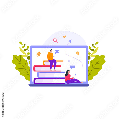 Man & Woman stay online library. Student girl & boy studying with laptop. online library concept. Vector illustration for e-learning, online 