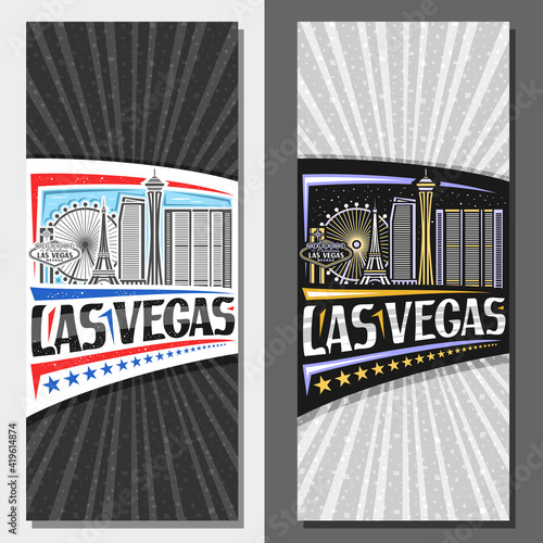 Vector vertical layouts for Las Vegas, decorative leaflet with illustration of american city scape on day and dusk sky background, art design tourist card with unique lettering for words las vegas.