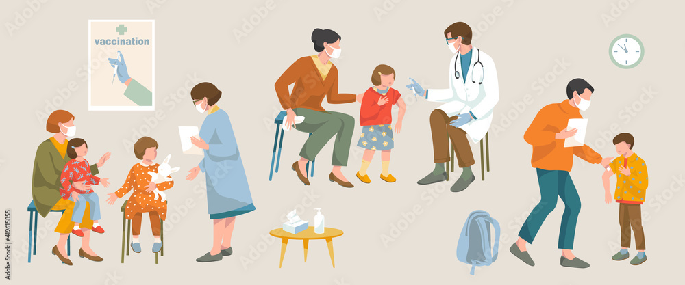 Children vaccination covid-19 coronavirus concept. Doctor in protective mask and gloves Injection of Flu Vaccine to a Kid, mother with children sitts wait, father and son after the vaccination