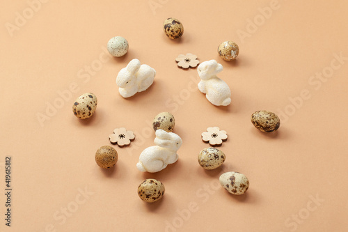 Wallpaper Mural Flat lay composition with naturally dyed easter eggs,rabbit on beige background. Natural sun light lighting and soft shadows. Realistic aesthetic look. Organic natural easter concept Torontodigital.ca