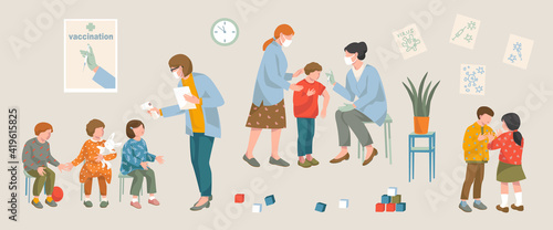 Children vaccination covid-19 coronavirus concept . Doctor women in protective mask and gloves Injecting of Flu Vaccine to a Kid, nurse measures the temperature