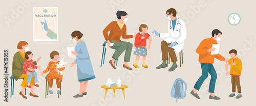 Children vaccination covid-19 coronavirus concept. Doctor in protective mask and gloves Injection of Flu Vaccine to a Kid, mother with children sitts wait, father and son after the vaccination