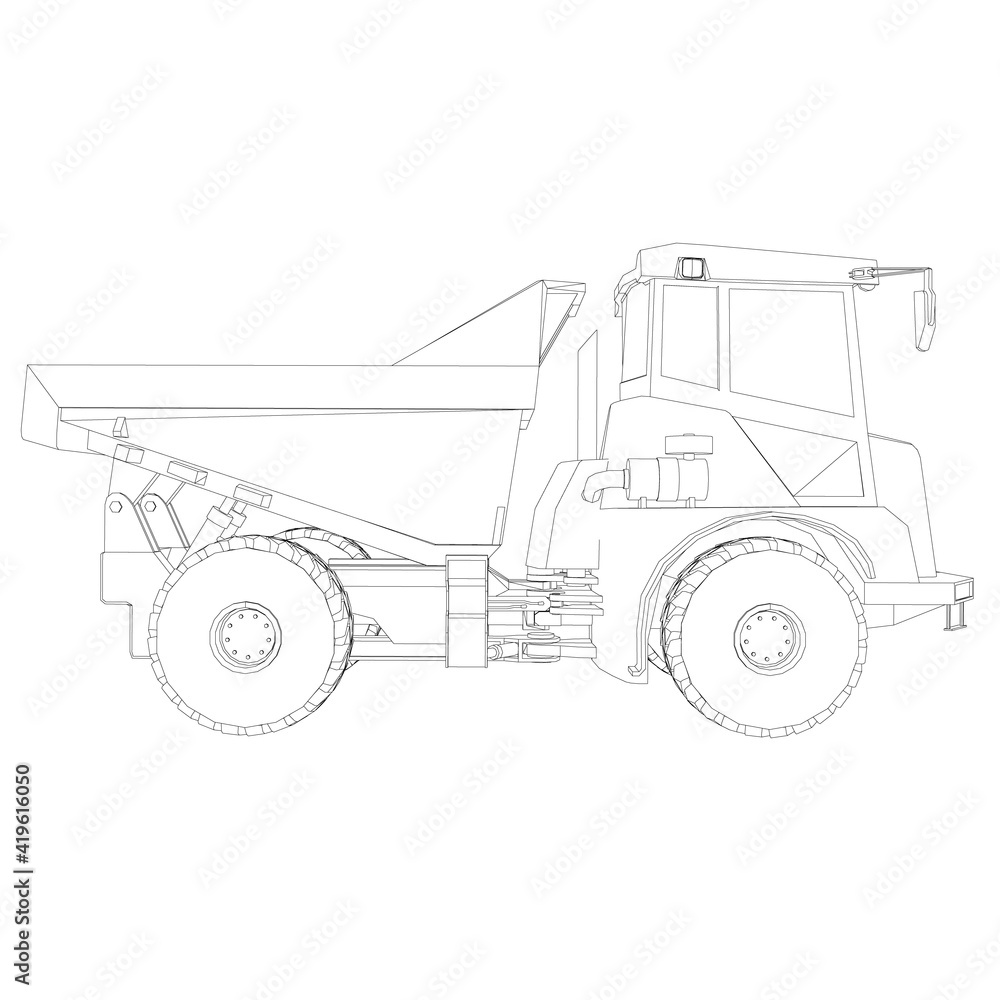 Naklejka premium Contour of a cargo dump truck from black lines on a white background. Side view. Vector illustration