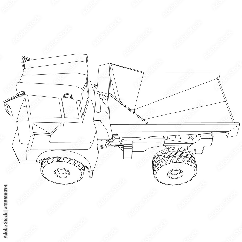 Contour of a cargo dump truck from black lines on a white background. Perspective view. Vector illustration