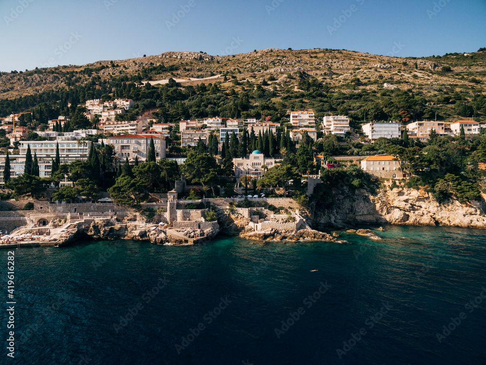 Dubrovnik, Croatia - 27 june 2019: Aerial view of the territory of Grand Villa Argentina and Villa Sheherezade. The best hotels in Dubrovnik.