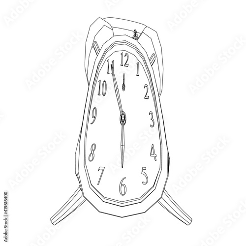 Contour of a table clock with an alarm clock in a twisted shape from black lines on a white background. Vector illustration