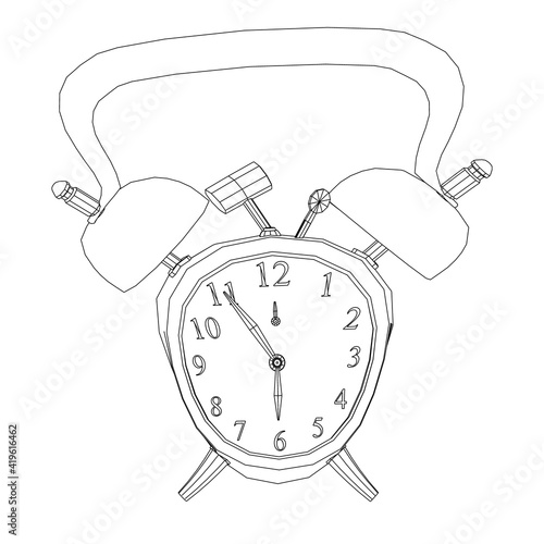 Contour of a table clock with an alarm clock in a twisted shape from black lines on a white background. Vector illustration