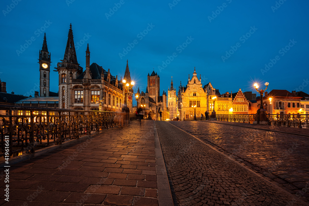 View from St. Michaels Bridge to the old town of Ghent, Belgium.