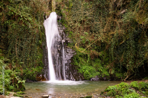 Waterfall with a lot of water and a lot of height  surrounded by green vegetation and trees  in the middle of a forest. Landscape  nature  outdoors