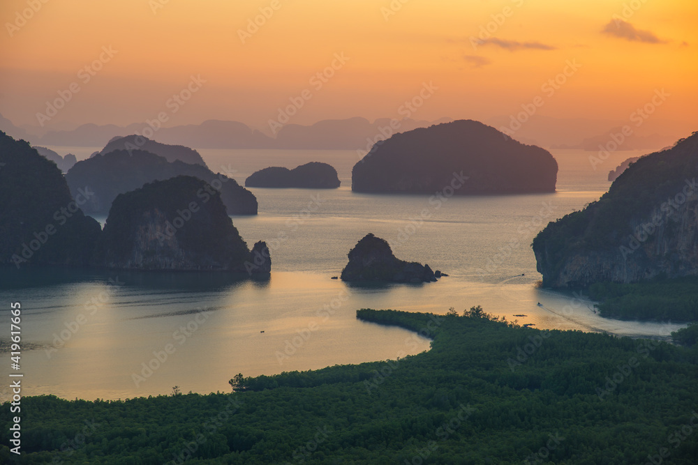 Sunrise time at Samed Nang Chee mountain view point in Phang Nga Province,thailand