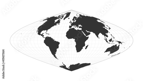 Map of the World. Sinusoidal projection. Globe with latitude and longitude net. World map on meridians and parallels background. Vector illustration.