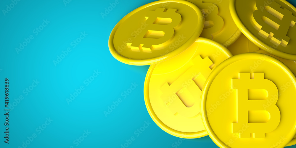 International electronic stock markets, financial banking concept: Many 3D render yellow bitcoin casino chips on blue background. Gambling with crypto currency investments winning in value. International electronic stock markets, financial banking concept: Many 3D render yellow bitcoin casino chips on blue background. Gambling with crypto currency investments winning in value.