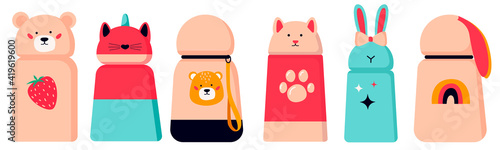 Camping children's thermo mug. Nice thermos. Vector in cartoon style.