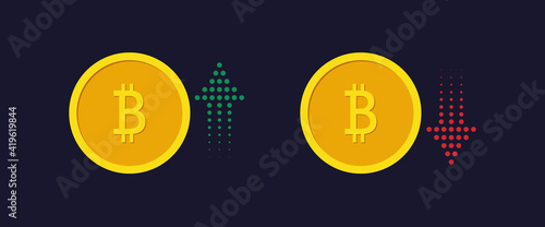 Bitcoin growth and fall concept. Arrow up and down. Market trend illustration. Increase and decrease virtual currency.