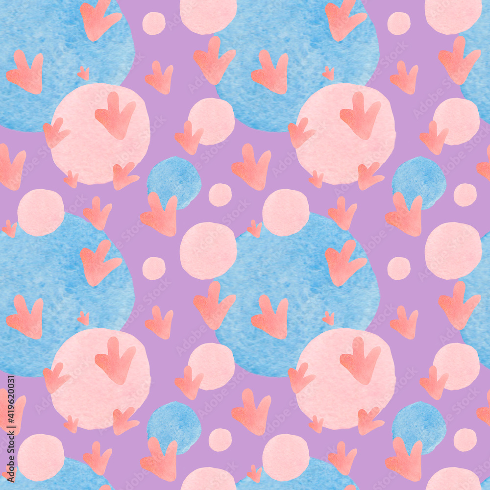 Watercolor seamless pattern with abstract shapes on magenta isolated background.Space pink,blue print with hand painted textures.Designs for textiles,wallpaper,wrapping paper,fabric,social media.