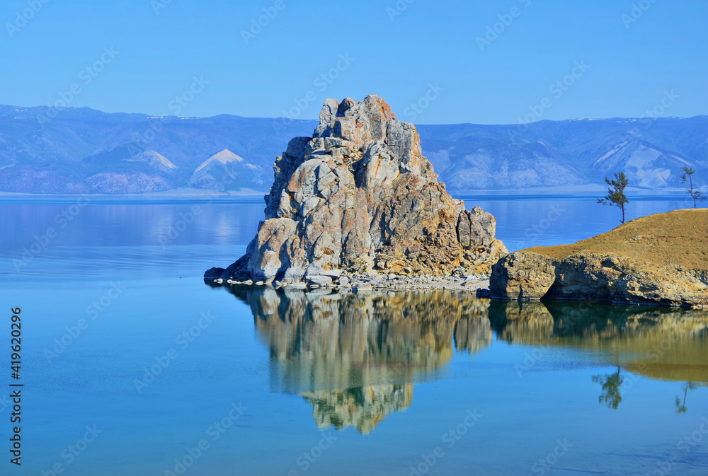 Shamanka (Shamans Rock) on Baikal lake near Khuzhir at Olkhon island in Siberia, Russia