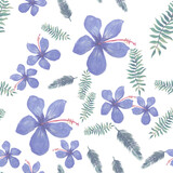 Green Seamless Art. Indigo Pattern Exotic. White Tropical Hibiscus. Natural Flower Texture. Gray Drawing Exotic. Blue Flora Art. Wallpaper Art.