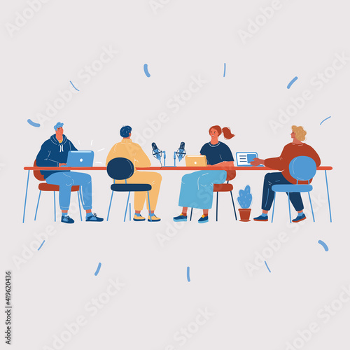 Vector illustration of people in conference meeting people team sitting attable teamwork brainstorming  online podcast audio meeting  interview. Character on dark backround.