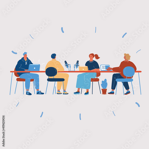 Vector illustration of people in conference meeting people team sitting attable teamwork brainstorming, online podcast audio meeting, interview. Character on dark backround.