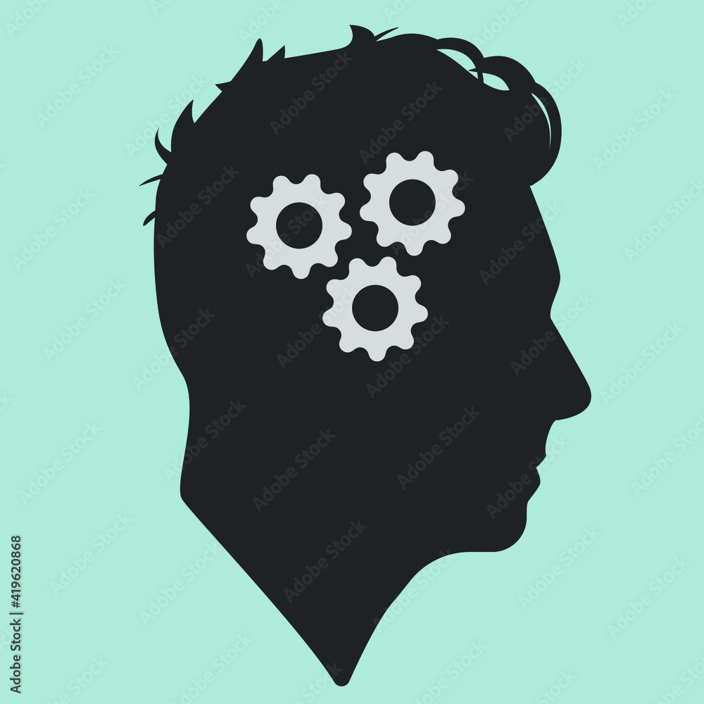 Silhouette. Silhouette of a guy with gears in head. Facial contours. Stylish man. Male head. Man head silhouette. Flat grey male illustration. Silhouette. Silhouette of a guy with gears in head. Facial contours. Stylish man. Male head. Man head silhouette. Flat grey male illustration.