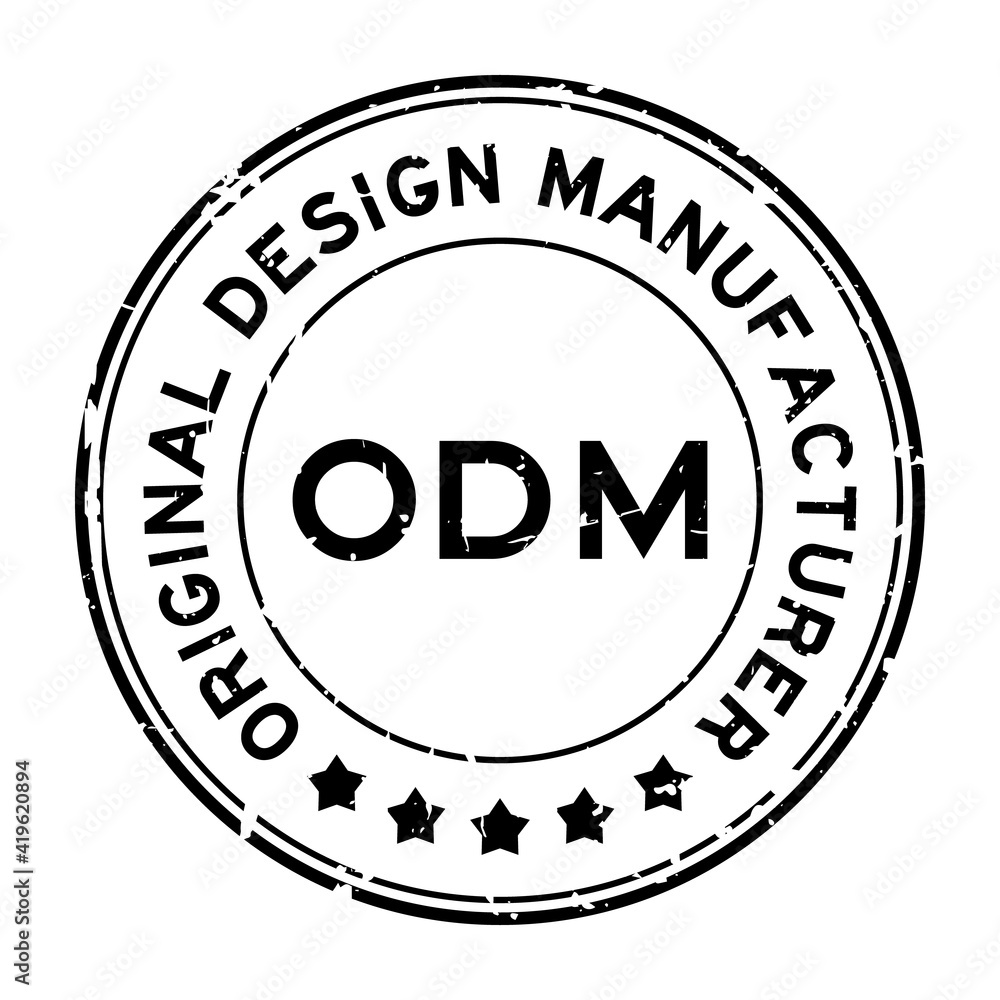 Grunge black ODM Original Design Manufacturer word round rubber seal stamp on white background