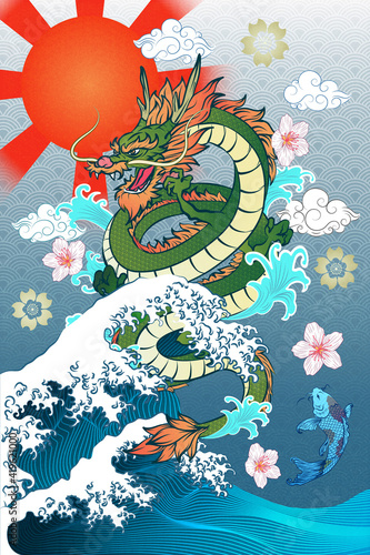 Abstract Art Dragon Flying from The Sea with A bunch of Clouds with Scattering Sakura Flower and the Torrential wave with Carp KOI Fish below on Water Wave Pattern Template Design for Wrapping Paper