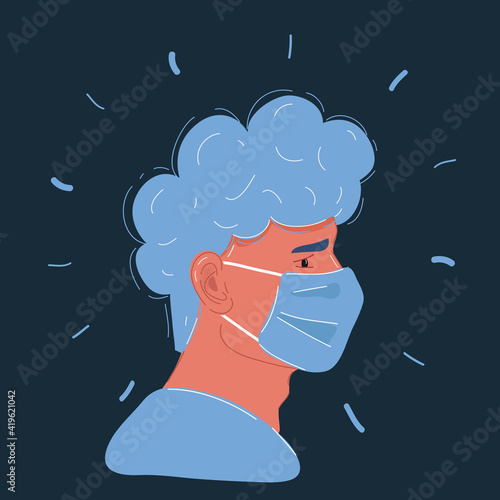 Vector illustration of Man wearing a mask to protect from virus. Facing sideways on dark backround. Young doctor on dark background.
