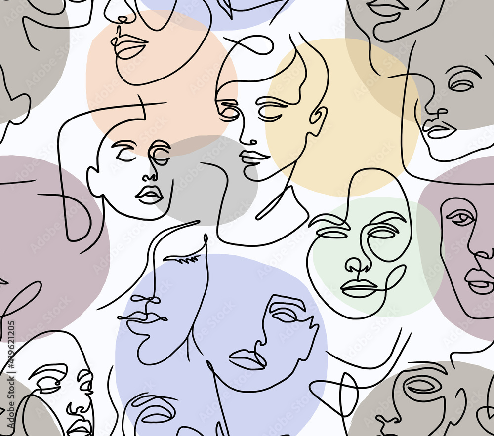 Abstract drawing of women's faces with black lines on a colored background.Seamless pattern. Abstract drawing of women's faces with black lines on a colored background.Seamless pattern.
