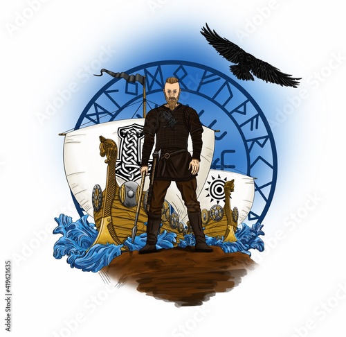 Schilderij op canvas The legendary warrior is a brave Viking. Runic compass Vegvisir.