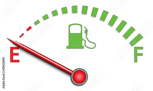 Vertical fuel gauge indicator vector design with green fuel pump and red pointer.