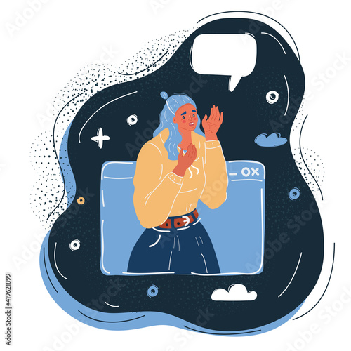 Vector illustration of Video call, smartphone video chat with lovely happy smiling girl in message window on dark backround.