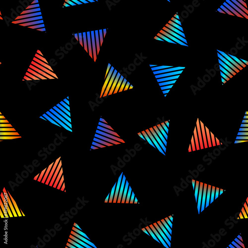 Seamless pattern with colorful triangles on black background
