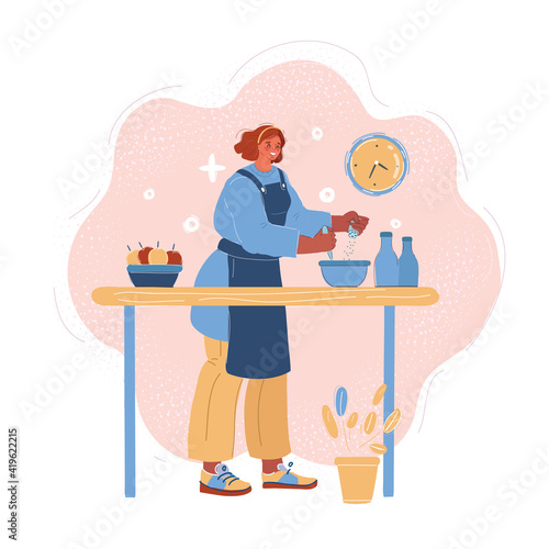 Vector illustration of woman cooking at home