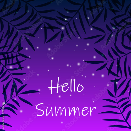 Purple summer night sky background with palm leafs
