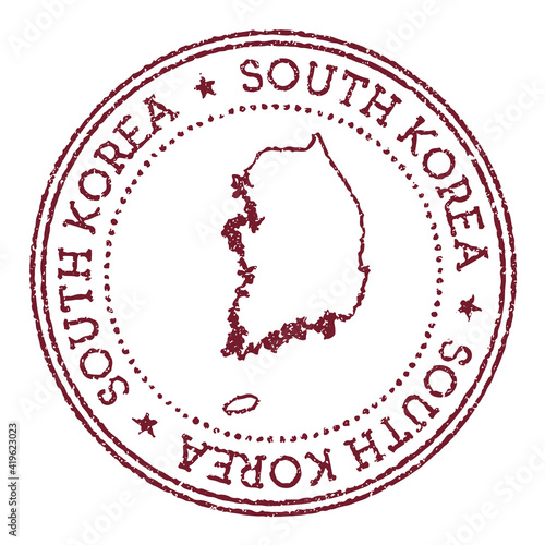 South Korea round rubber stamp with country map. Vintage red passport stamp with circular text and stars, vector illustration.