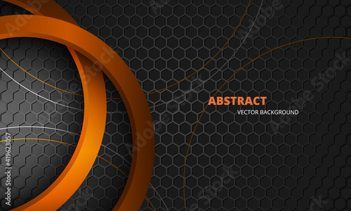 Futuristic dark gray and orange abstract vector background with hexagon carbon fiber. Dark abstract background with honeycomb grid and orange 3d circles. Modern trendy sporty gaming banner.