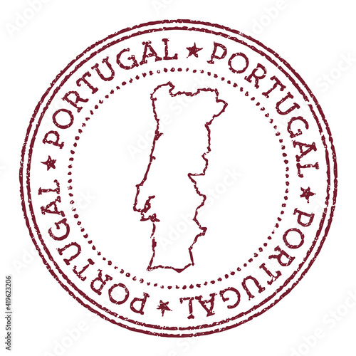 Portugal round rubber stamp with country map. Vintage red passport stamp with circular text and stars, vector illustration.