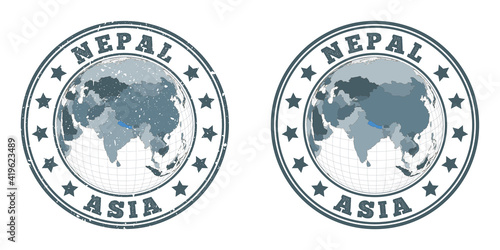 Nepal round logos. Circular badges of country with map of Nepal in world context. Plain and textured country stamps. Vector illustration.