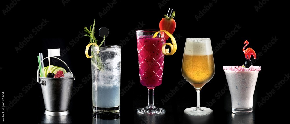 wide image photo of selection various drinks cocktails beer wine alcohol bar