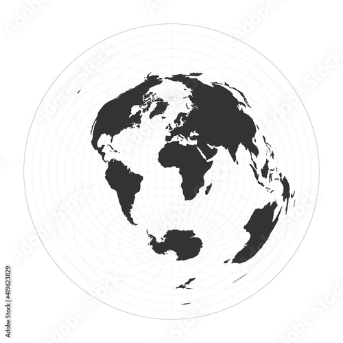 Map of the world. Azimuthal equidistant projection. Globe with latitude and longitude net. World map on meridians and parallels background. Vector illustration.