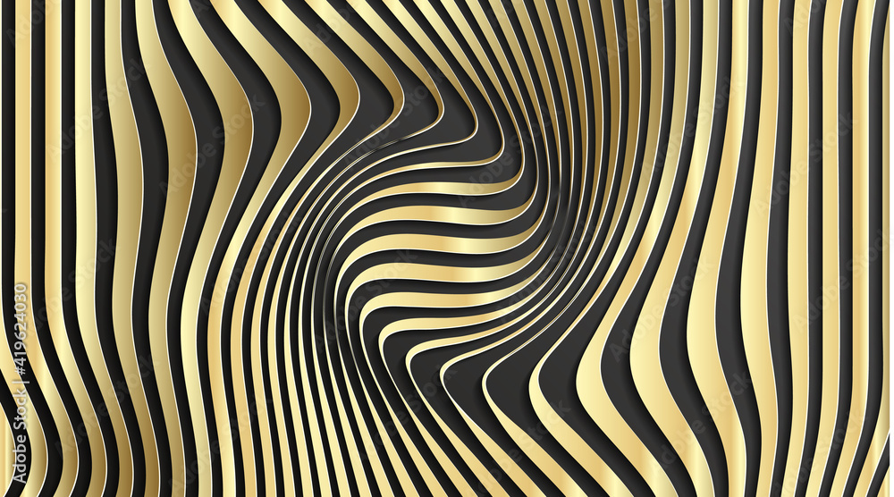 Gold abstract stripe pattern background. Optical illusion twisted lines and curves background. Abstract 3d vector illustration.