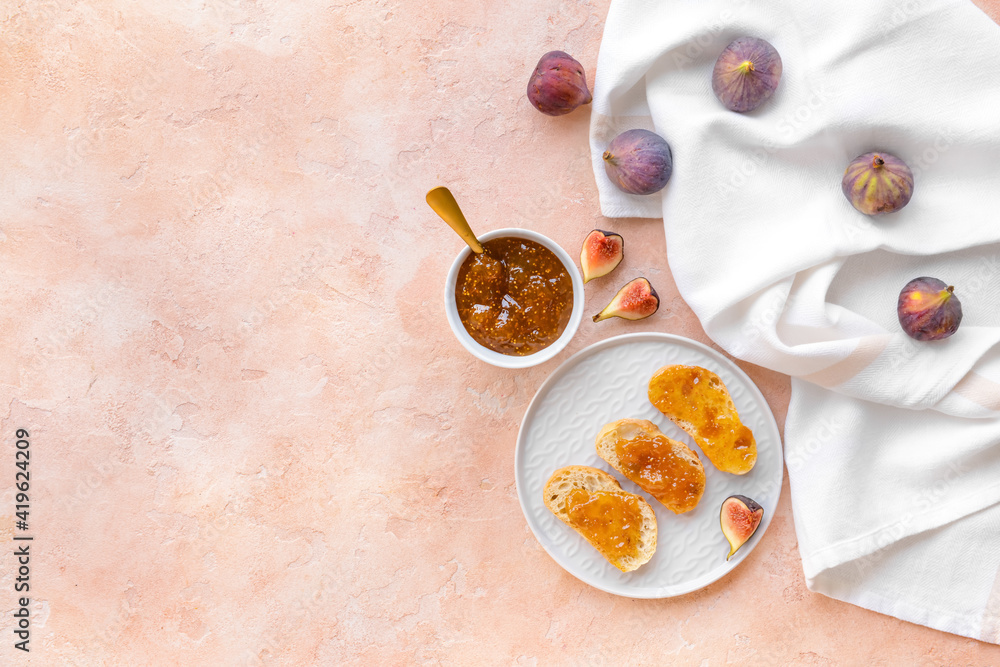 Composition with sweet fig jam on color background Composition with sweet fig jam on color background