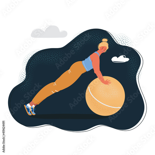 Obraz na plátně Vector illustration of woman make exersice with ball on dark backround