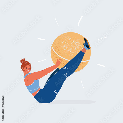 Vector illustration of woman at gym ball on white.