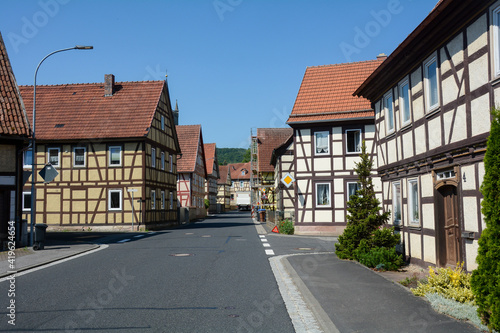 Village with half-timbered houses in the Rhoen, Bavaria, Germany