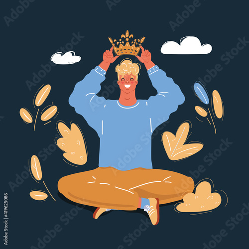 Vector illustration of man put crown on his head on dark background.