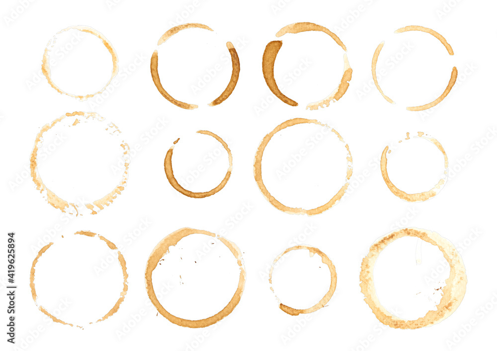 Collection of circle from the bottom cup- real coffee water paint on white paper in many strokes and technique of a brush. Illustration aroma beverage brush as coffee art isolated on white background.