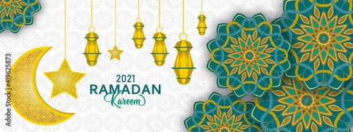 Decorative ramadan kareem Islamic banner with mandala and crescent moon motifs