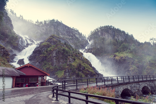 Latefossen waterfall in Norway and bridge