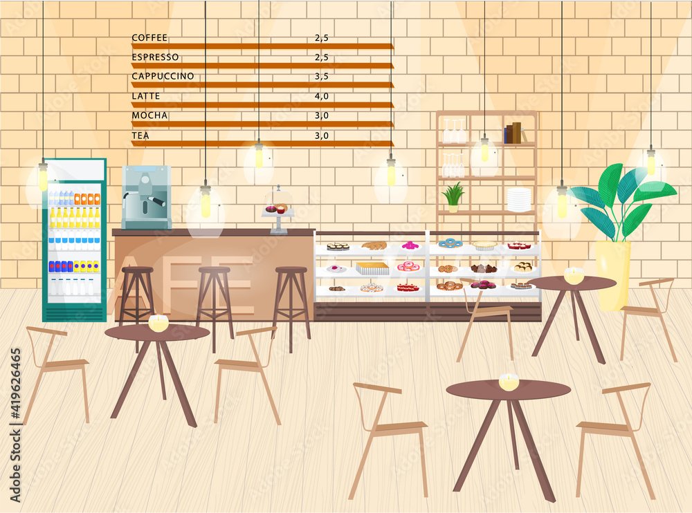 Interior of beautiful cozy cafe or restaurant with bakery. Coffee bar and menu. Fridge with beverages and with bakery, tables with chairs, bar counter. No people. Vector cafe illustration. Cartoon Interior of beautiful cozy cafe or restaurant with bakery. Coffee bar and menu. Fridge with beverages and with bakery, tables with chairs, bar counter. No people. Vector cafe illustration. Cartoon